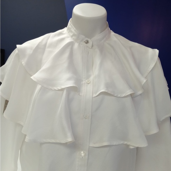 SANDRO COMEDIE RUFFLE YOKE SILK BLOUSE IN - Picture 7 of 8